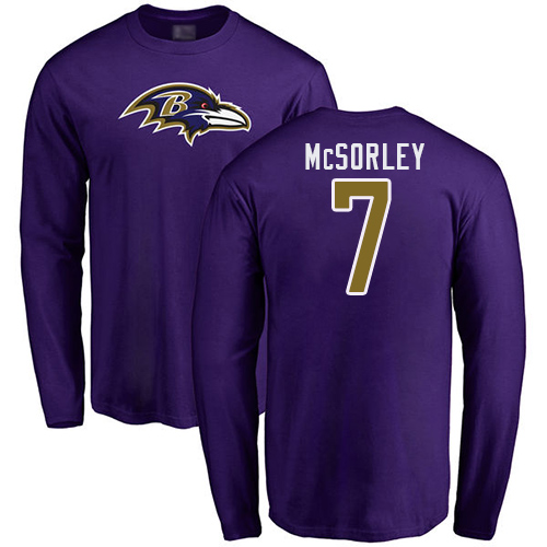 Men Baltimore Ravens Purple Trace McSorley Name and Number Logo NFL Football #7 Long Sleeve T Shirt->baltimore ravens->NFL Jersey